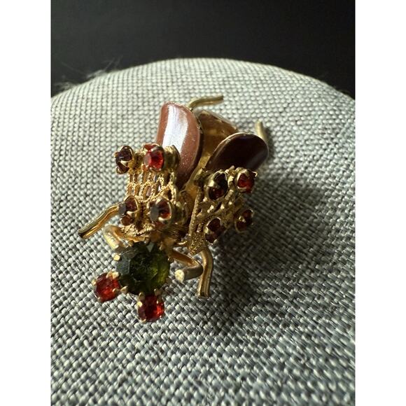 Vintage Rhinestone Enamel Bug Insect Brooch Pin Gold Tone Whimsy Art To Wear - Picture 1 of 7